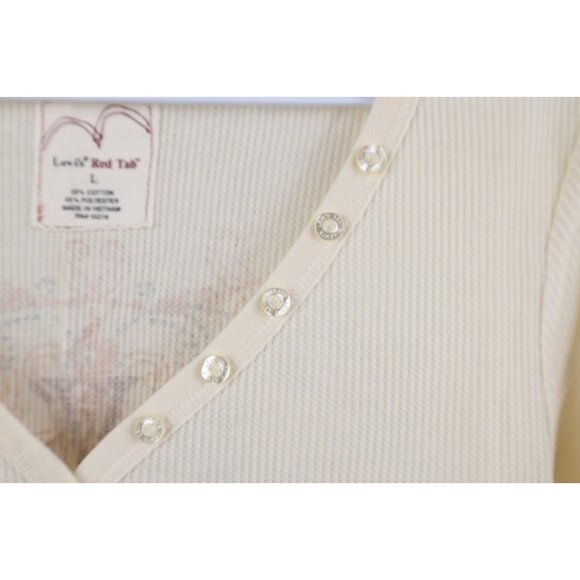 Vtg Y2K Levis Woemns Large Babydoll Cropped Thermal Waffle Knit Henley T-Shirt - Picture 6 of 14